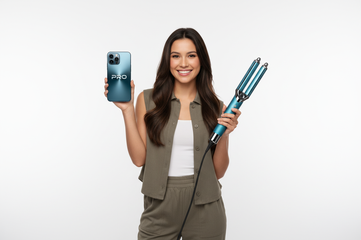 chica cogiendo iphone 17 pro max y dyson